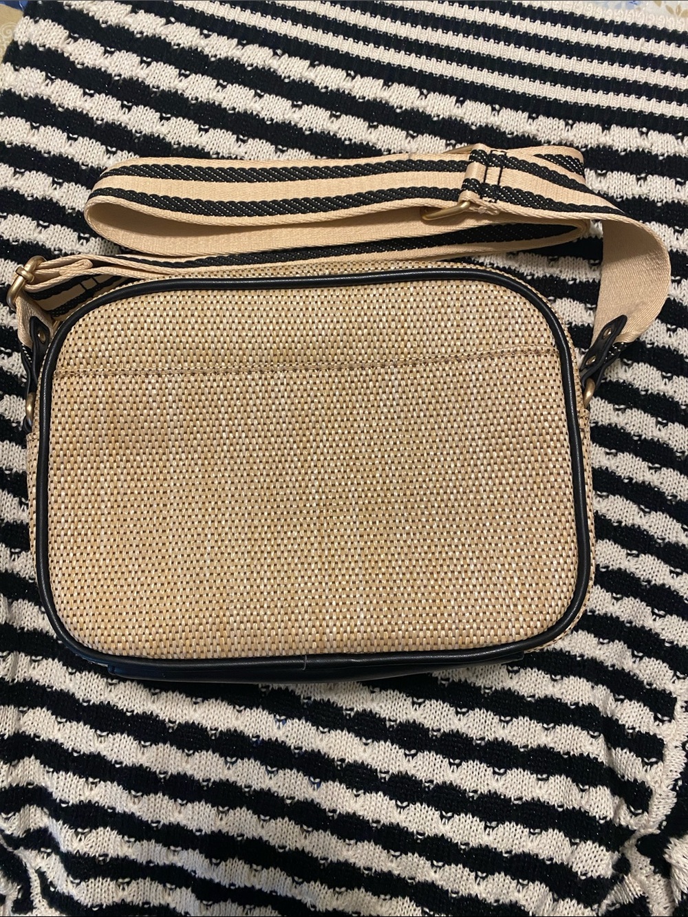 Woven Straw Crossbody Bag with Striped Strap